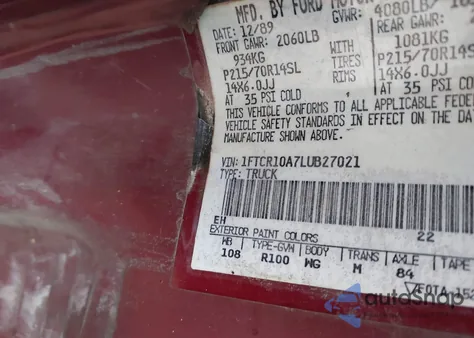 1990 Ford Ranger из США, поврежденный, VIN 1FTCR10A7LUB27021